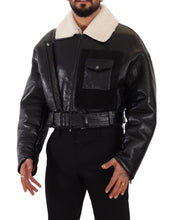 Black Leather Shearling Biker Coat Jacket Dolce & Gabbana