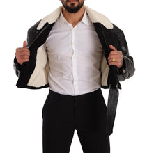 Black Leather Shearling Biker Coat Jacket Dolce & Gabbana