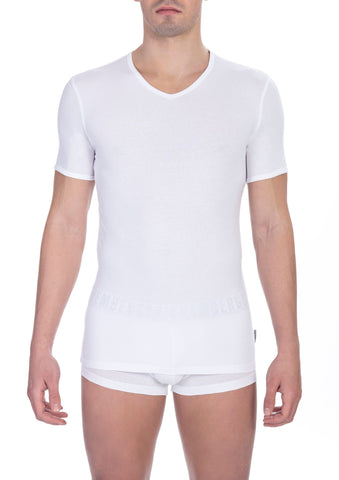 White Cotton Men's V-Neck T-Shirt Bikkembergs