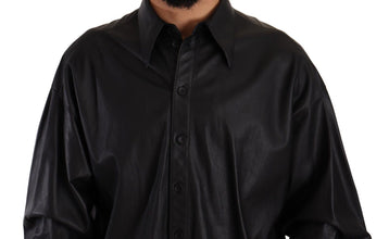 Black Leather Button Down Men Collared Jacket Dolce & Gabbana