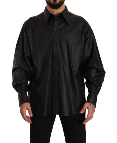 Black Leather Button Down Men Collared Jacket Dolce & Gabbana
