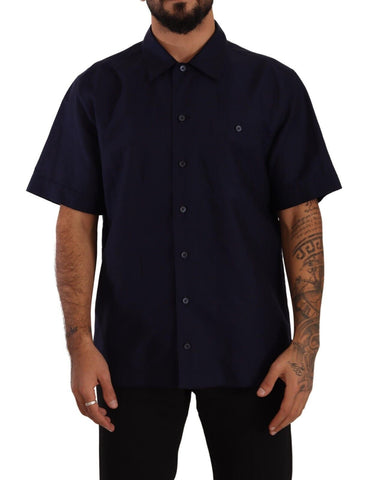 Navy Blue Button Down Short Sleeves Shirt Dolce & Gabbana