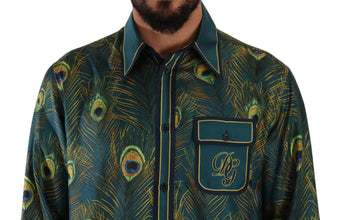Peacock Feather Print Silk Pajama Mens Shirt Dolce & Gabbana