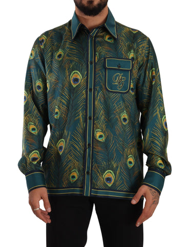 Peacock Feather Print Silk Pajama Mens Shirt Dolce & Gabbana