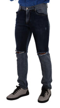 Blue Two Tone Tattered Cotton Slim Denim Jeans Dolce & Gabbana