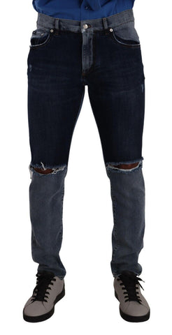 Blue Two Tone Tattered Cotton Slim Denim Jeans Dolce & Gabbana