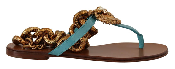 Blue Leather Devotion Flats Sandals Dolce & Gabbana