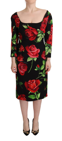 Black Red Roses Sheath Stretch Silk Dress Dolce & Gabbana