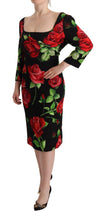 Black Red Roses Sheath Stretch Silk Dress Dolce & Gabbana