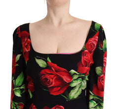 Black Red Roses Sheath Stretch Silk Dress Dolce & Gabbana