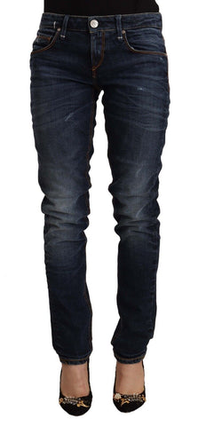 Blue Washed Cotton Mid Waist Skinny Denim Jeans Acht