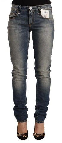 Blue Washed Cotton Mid Waist Skinny Denim Jeans Acht