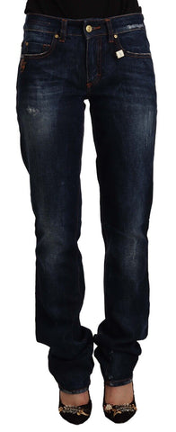Dark Blue Washed Mid Waist Cotton Denim Straight Jeans GF Ferre