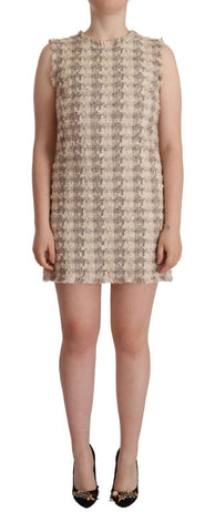 Beige Checkered Sleeveless Mini Shift Dress Dolce & Gabbana