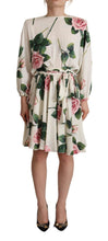 White Rose Print Long Sleeves A-line Dress Dolce & Gabbana