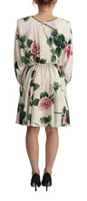 White Rose Print Long Sleeves A-line Dress Dolce & Gabbana