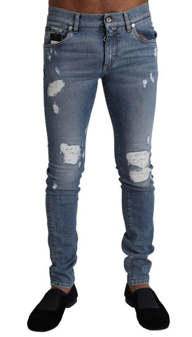 Light Blue Tattered Cotton Denim Skinny Jeans Dolce & Gabbana