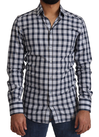 Blue White Check Cotton Slim Fit GOLD Shirt Dolce & Gabbana
