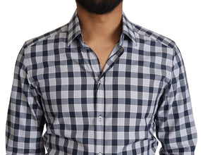 Blue White Check Cotton Slim Fit GOLD Shirt Dolce & Gabbana