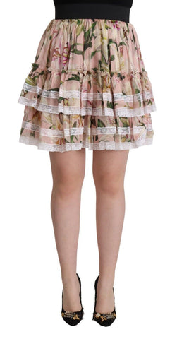 Pink Lily Print Silk Mini Tiered A-line Skirt Dolce & Gabbana
