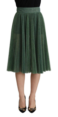 Metallic Green High Waist A-line Pleated Skirt Dolce & Gabbana