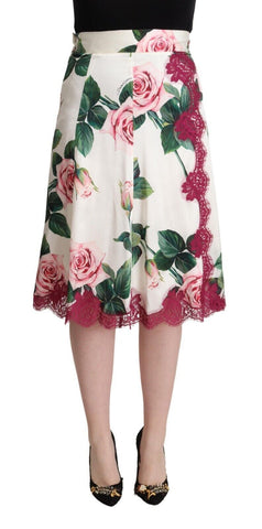 White Rose Print High Waist Midi A-line Skirt Dolce & Gabbana