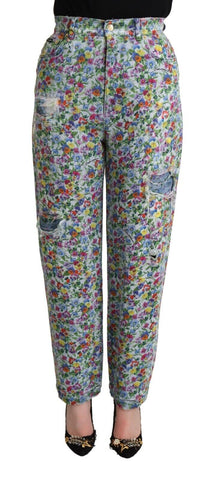 Blue Floral Print High Waist Denim Tapered Jeans Dolce & Gabbana
