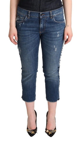 Blue Washed Mid Waist Denim Logo Cropped Jeans Dolce & Gabbana