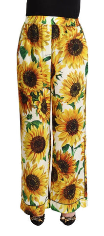 White Sunflower Print Mid Waist Wide Leg Pants Dolce & Gabbana
