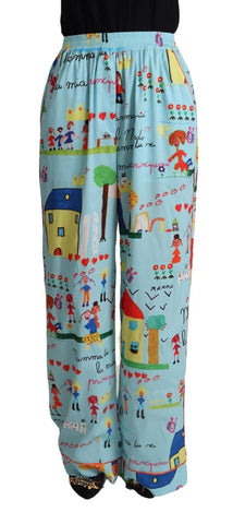 Light Blue Drawing Mid Waist Wide Leg Pants Dolce & Gabbana