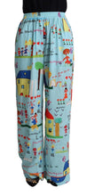 Light Blue Drawing Mid Waist Wide Leg Pants Dolce & Gabbana
