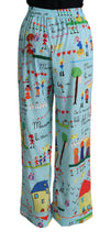 Light Blue Drawing Mid Waist Wide Leg Pants Dolce & Gabbana