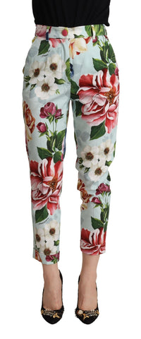 Light Blue Fiori Print Cotton Trouser Tapered Pants Dolce & Gabbana