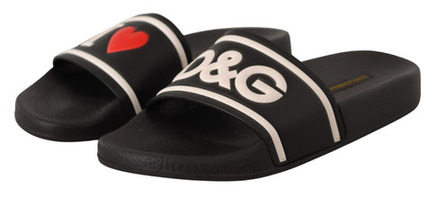 Black Leather I Love D&G Slides Sandals Dolce & Gabbana