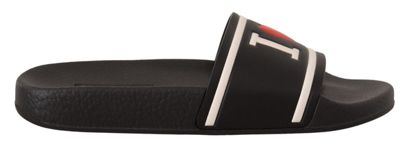 Black Leather I Love D&G Slides Sandals Dolce & Gabbana
