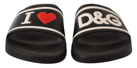 Black Leather I Love D&G Slides Sandals Dolce & Gabbana
