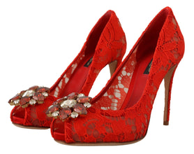 Red Taormina Lace Crystal Heels Pumps Dolce & Gabbana