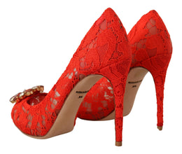 Red Taormina Lace Crystal Heels Pumps Dolce & Gabbana