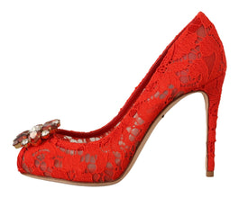 Red Taormina Lace Crystal Heels Pumps Dolce & Gabbana