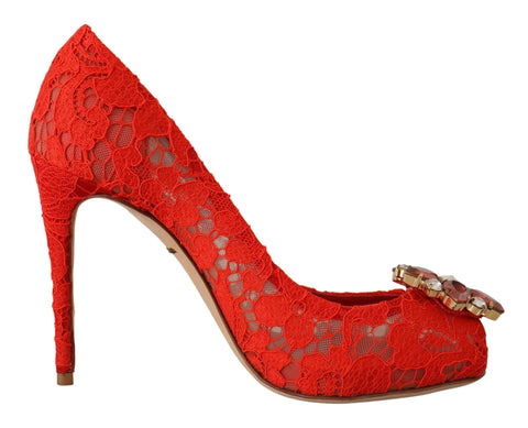 Red Taormina Lace Crystal Heels Pumps Dolce & Gabbana