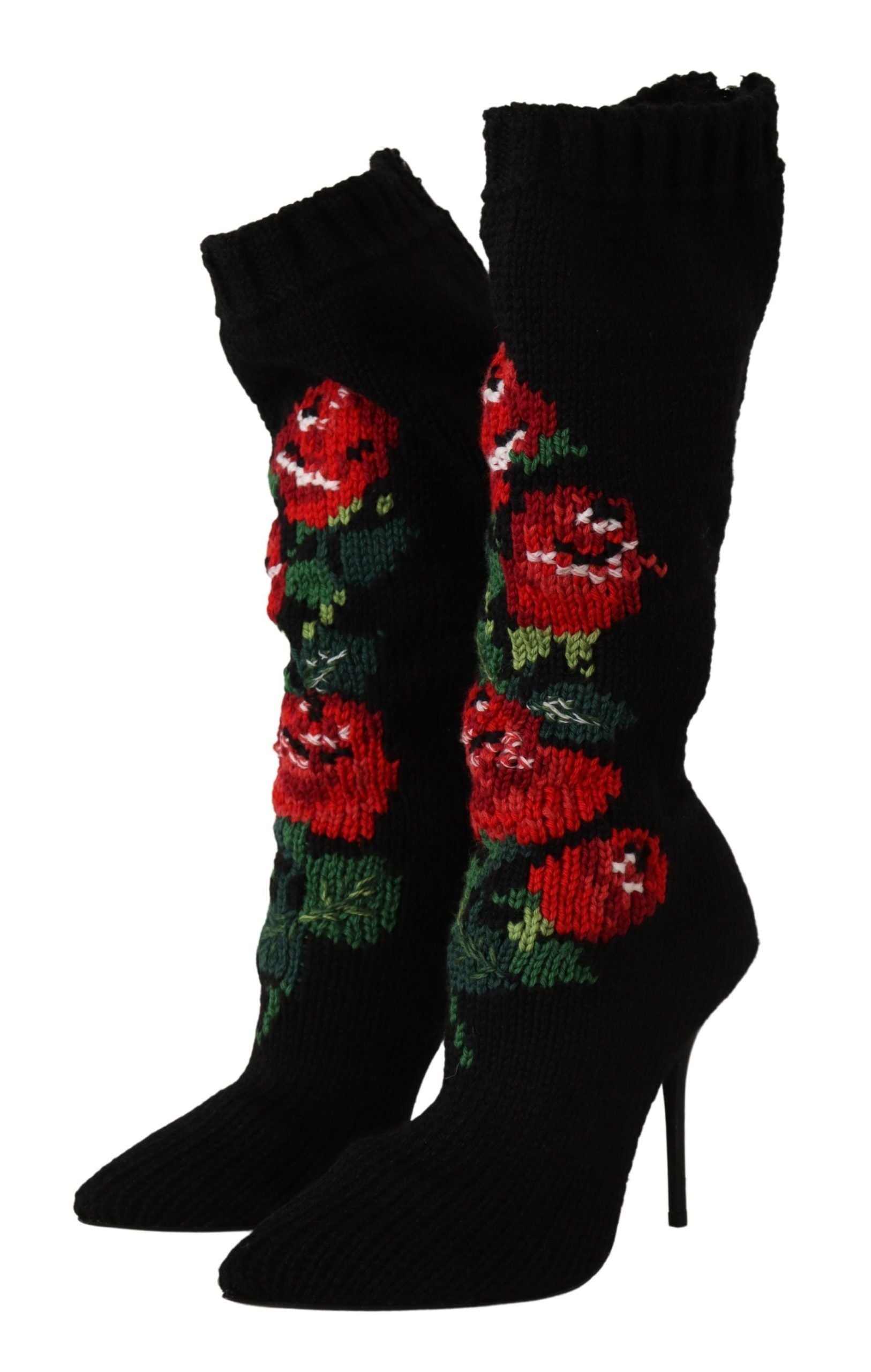 Black Stretch Socks Red Roses Booties Shoes Dolce & Gabbana