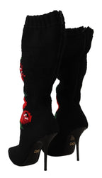 Black Stretch Socks Red Roses Booties Shoes Dolce & Gabbana