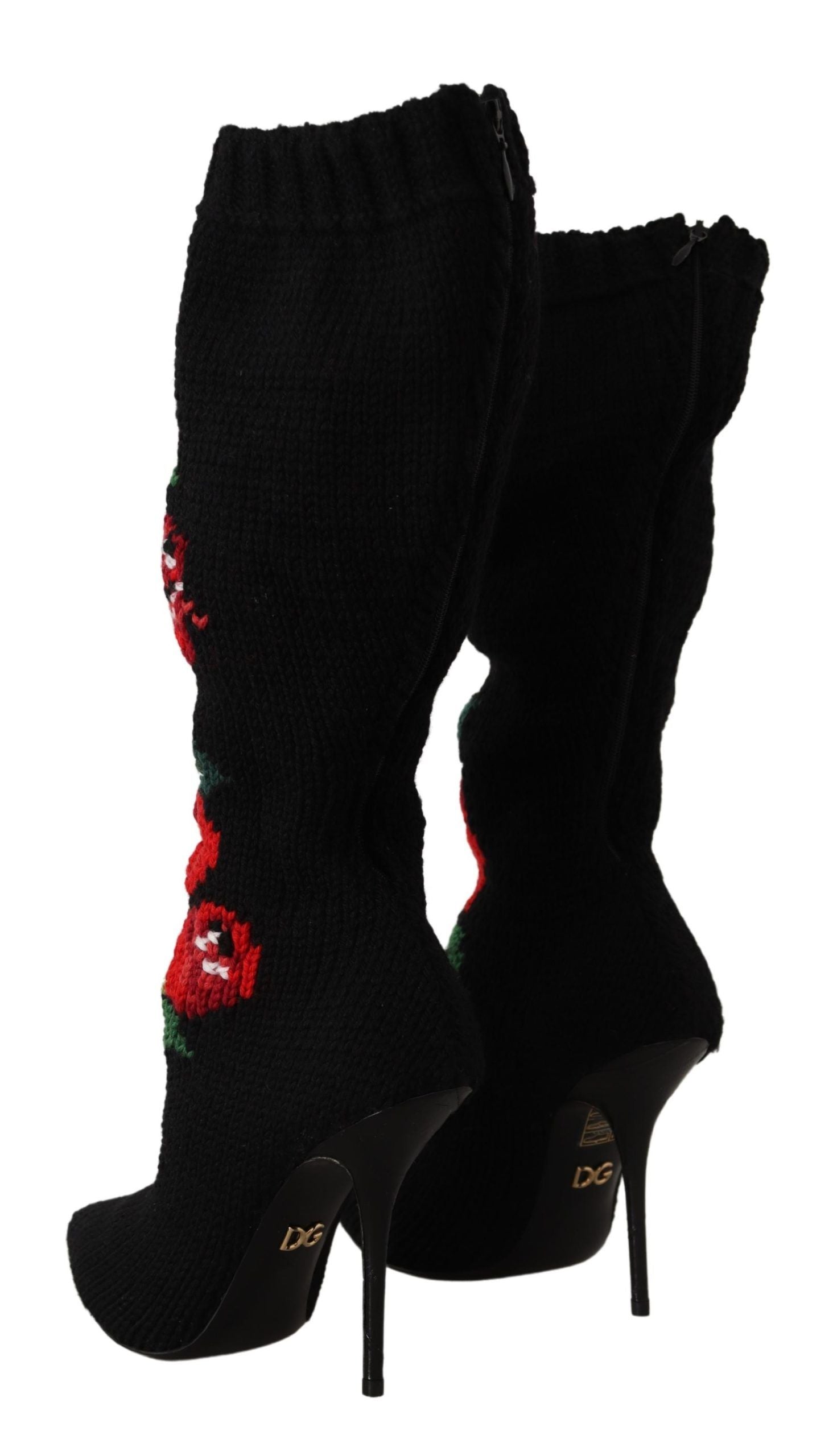 Black Stretch Socks Red Roses Booties Shoes Dolce & Gabbana