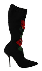Black Stretch Socks Red Roses Booties Shoes Dolce & Gabbana
