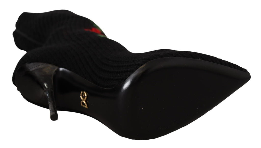 Black Stretch Socks Red Roses Booties Shoes Dolce & Gabbana