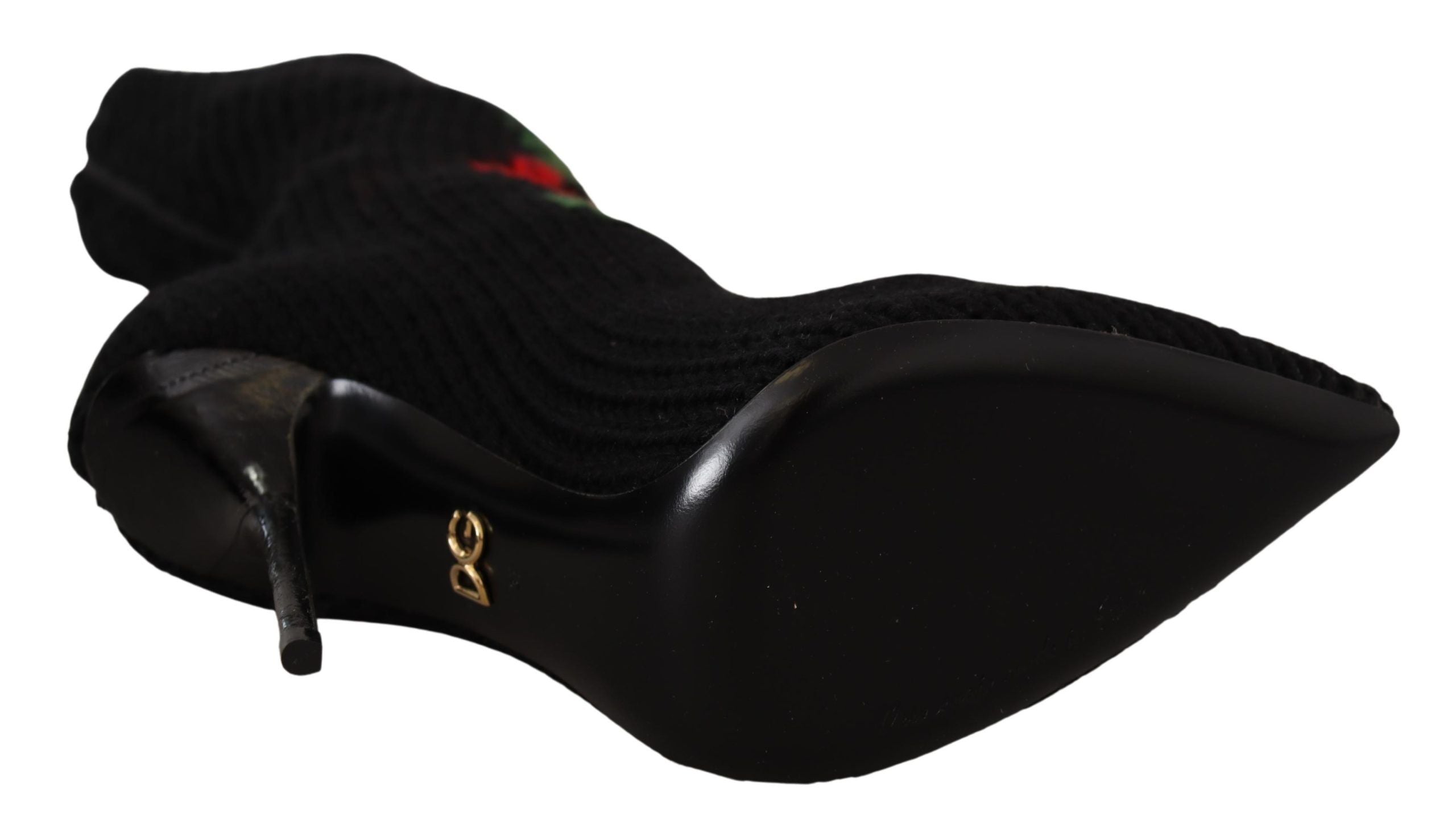 Black Stretch Socks Red Roses Booties Shoes Dolce & Gabbana
