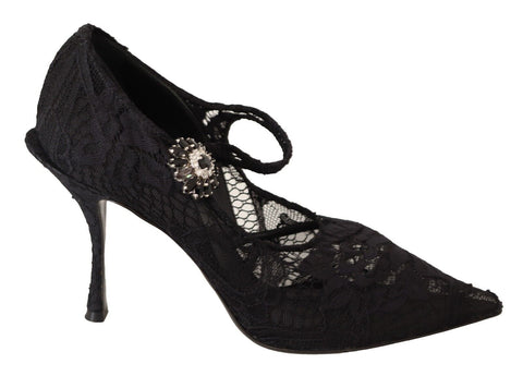 Black Lace Crystals Heels Mary Jane Pumps Shoes Dolce & Gabbana