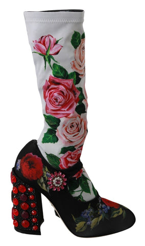Black Floral Socks Crystal Jersey Boots Shoes Dolce & Gabbana