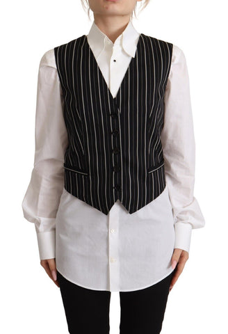Black Stripes Wool V-neck Sleeveless Button Vest Top Dolce & Gabbana