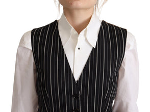 Black Stripes Wool V-neck Sleeveless Button Vest Top Dolce & Gabbana
